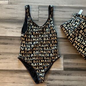 Balmain Black and Gold Logo One Piece Swimsuit